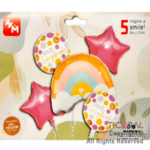 SET DE GLOBOS METALIZADO F/C ARCO IRIS ESTRELLA ROSA 5 UNIDADES 
